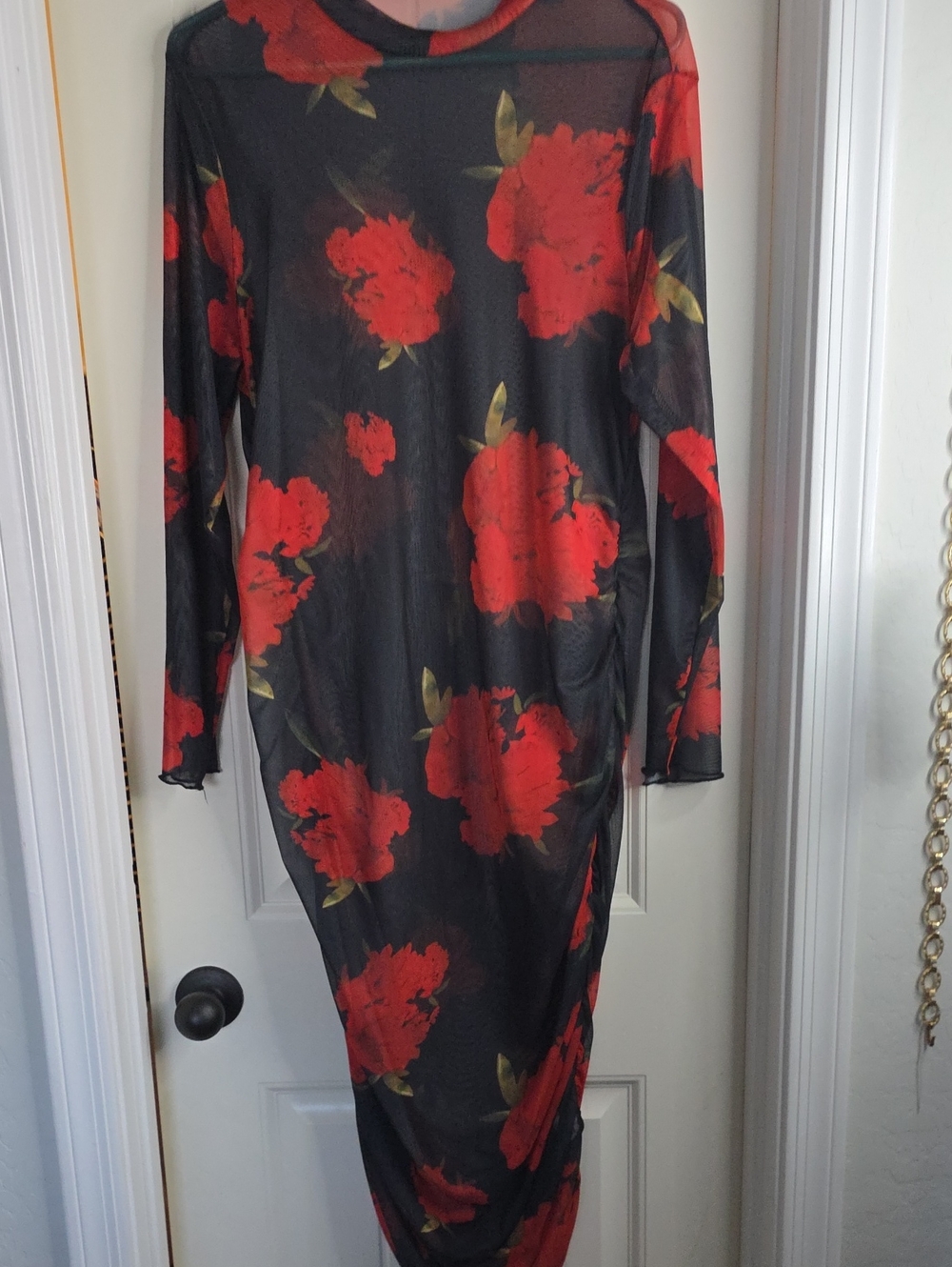 SHEIN Black Sheer Long-Sleeve Dress with Red Floral Print